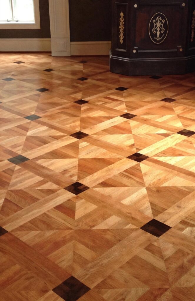 Patterned parquet hardwood floor with dark inlay squares